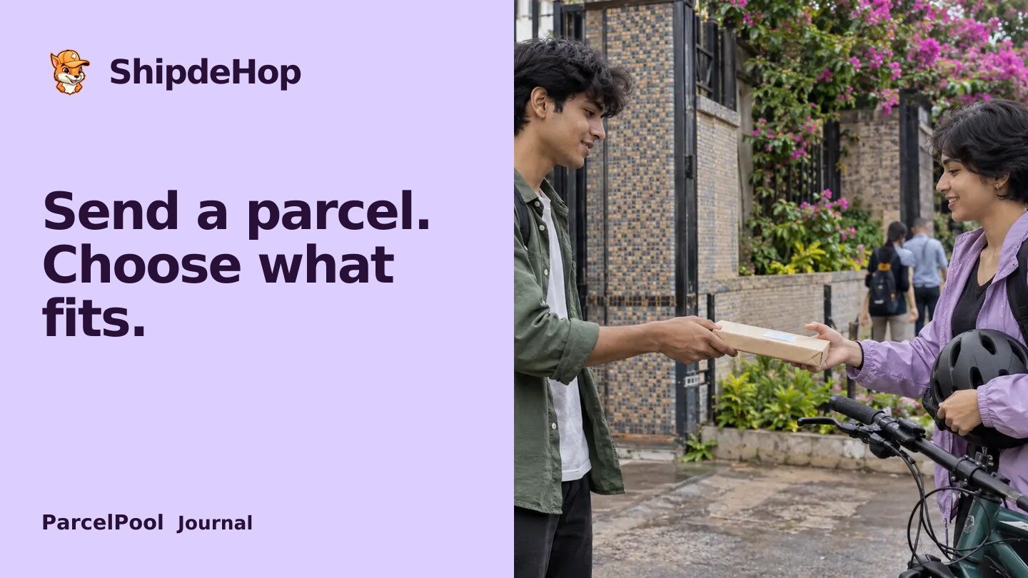 Cheapest way to send a parcel in India: which option fits?. A compact book parcel changes hands beside a bicycle at an Indian college gate