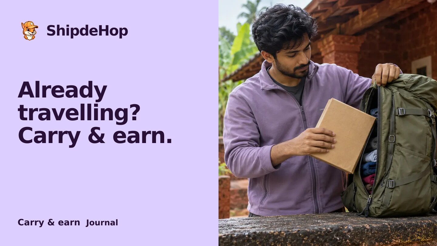 Earn money while travelling in India: start with the trip you already planned. A traveller checks a compact book mailer against spare backpack space in a red-stone courtyard