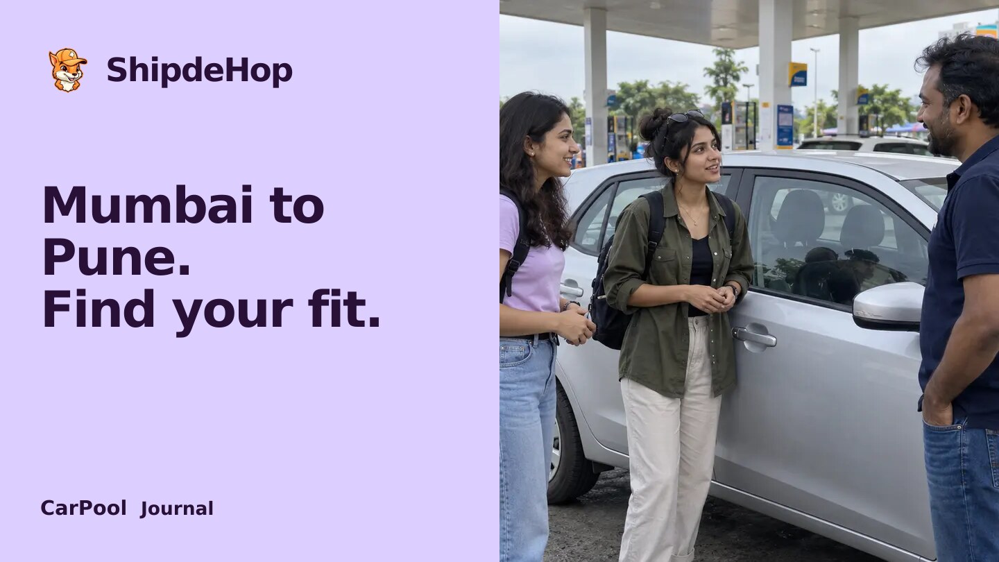 Mumbai to Pune carpool: choose the pickup, not just the seat. Travellers agree a shared ride beside a closed hatchback at a spacious highway fuel-station forecourt