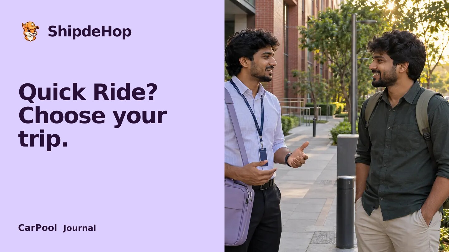 Quick Ride or an intercity carpool: which fits your journey?. Two professionals with work and overnight bags discuss journeys outside a brick office building