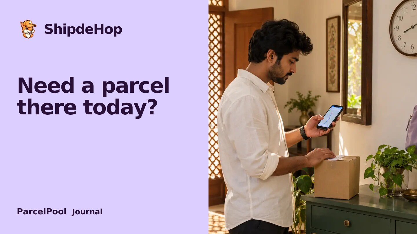 Same-day intercity parcel delivery in India: what can work today?. A sender checks a route beside a compact parcel, travel bag and wall clock in an Indian entryway