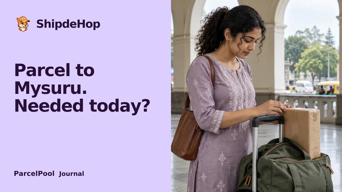Send a parcel from Bangalore to Mysore today: what needs to line up?. A traveller checks a compact book parcel beside a green travel bag in an arched pedestrian concourse
