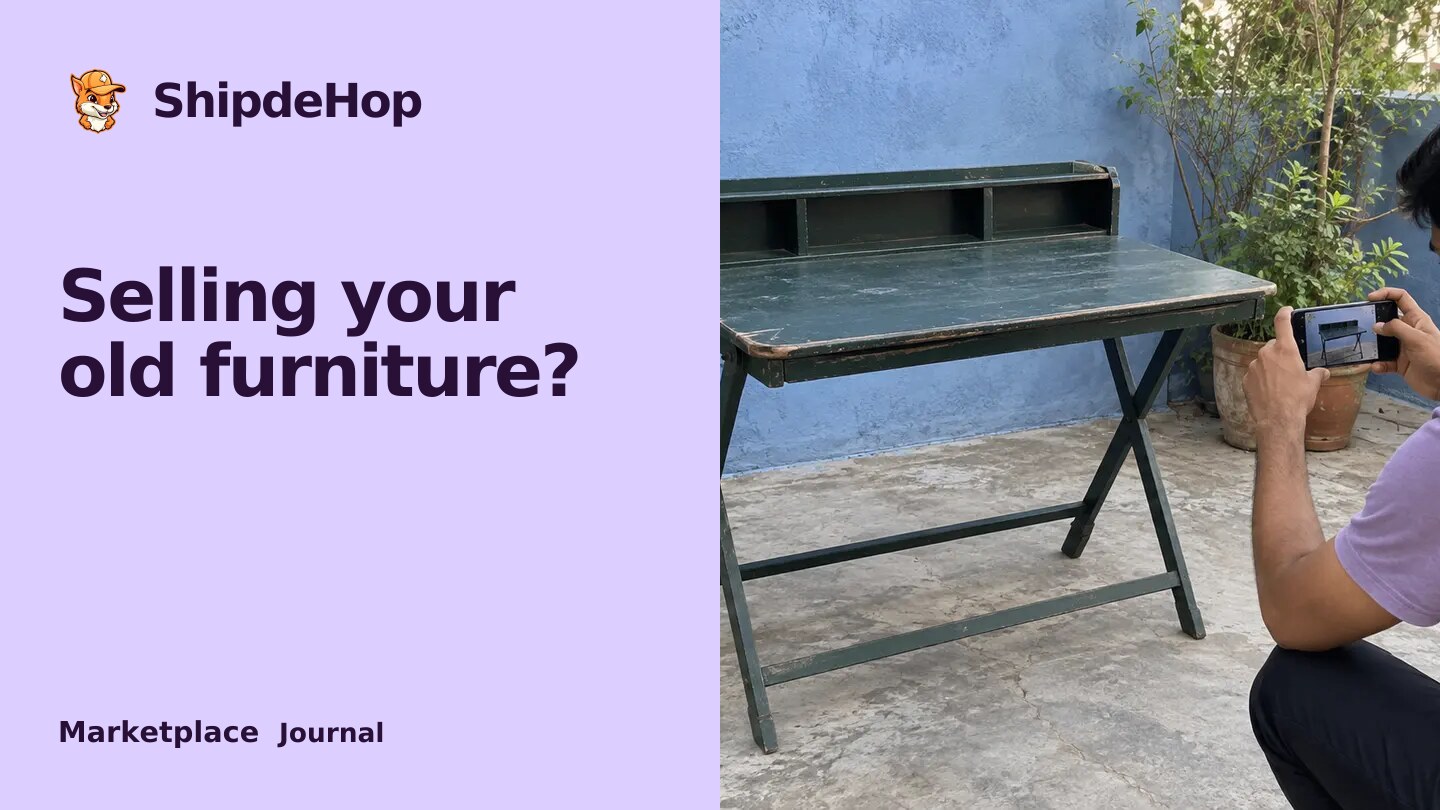Where to sell used furniture online in India: choose your selling route. A seller photographs a worn green folding desk on an Indian apartment terrace