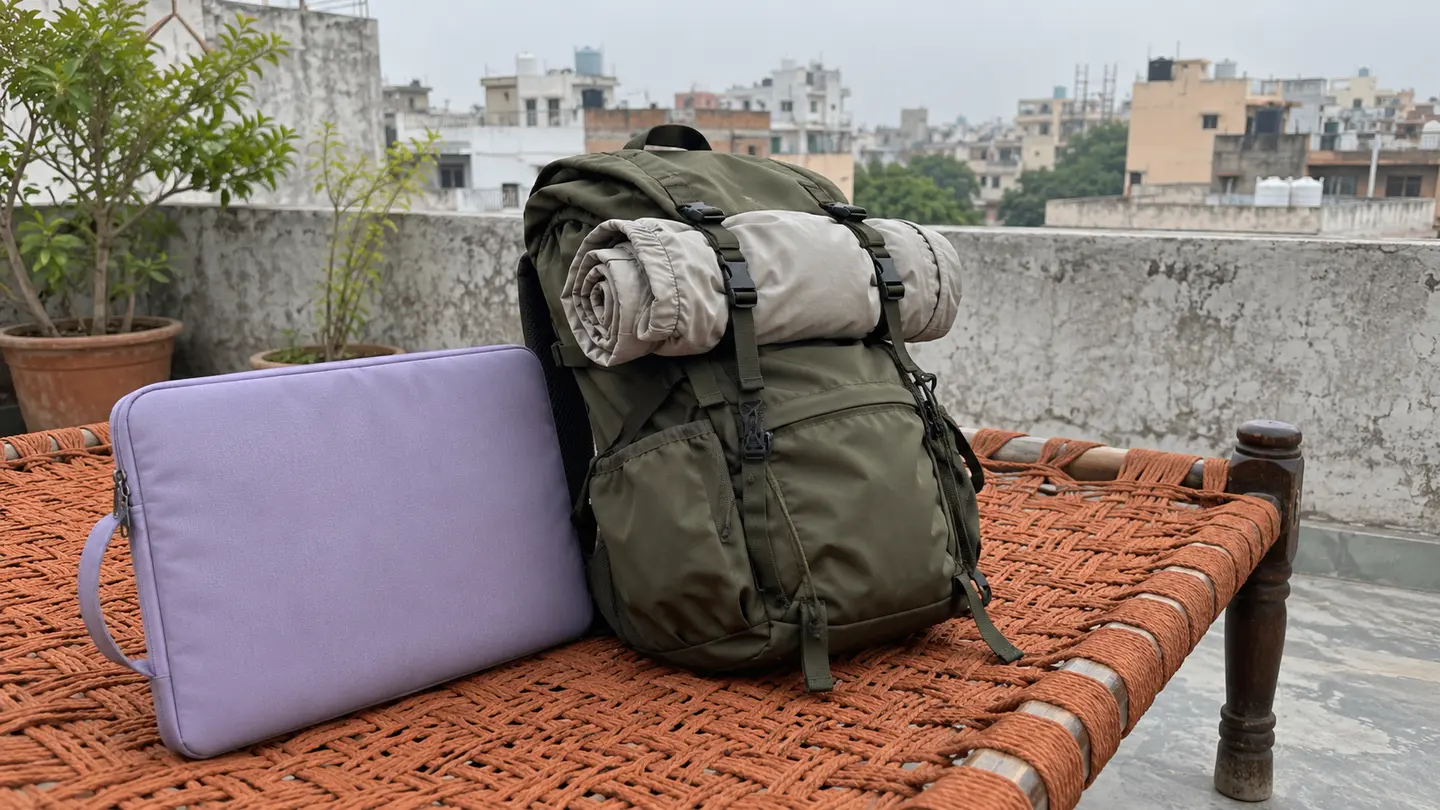 A laptop sleeve and overnight rucksack on a rooftop charpoy show different luggage needs