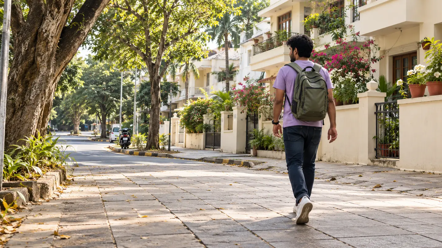 A traveller with a green rucksack walks along a Mysuru residential footpath for the final leg of a journey