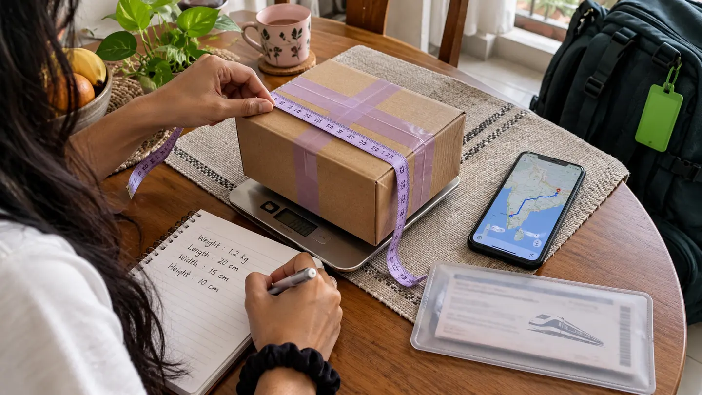 A sender records the packed weight and dimensions of a small parcel beside an intercity route