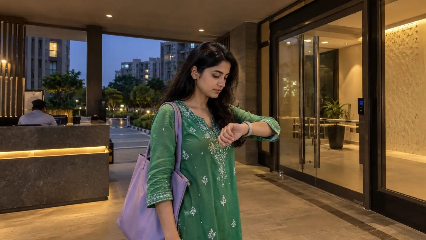 A recipient checks her watch at an Indian apartment visitor reception at dusk