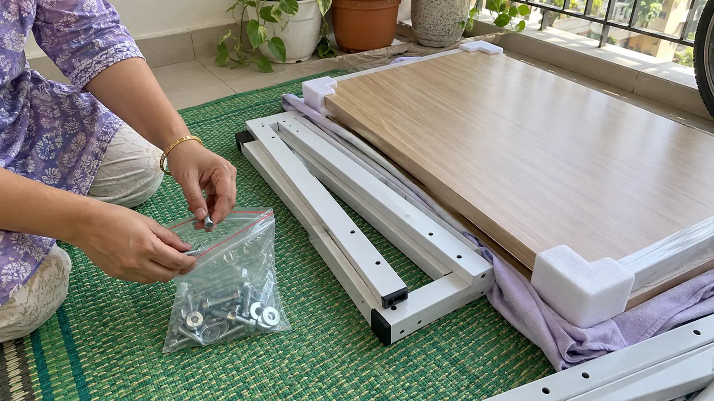 Hands keep desk bolts and hardware together beside protected dismantled parts